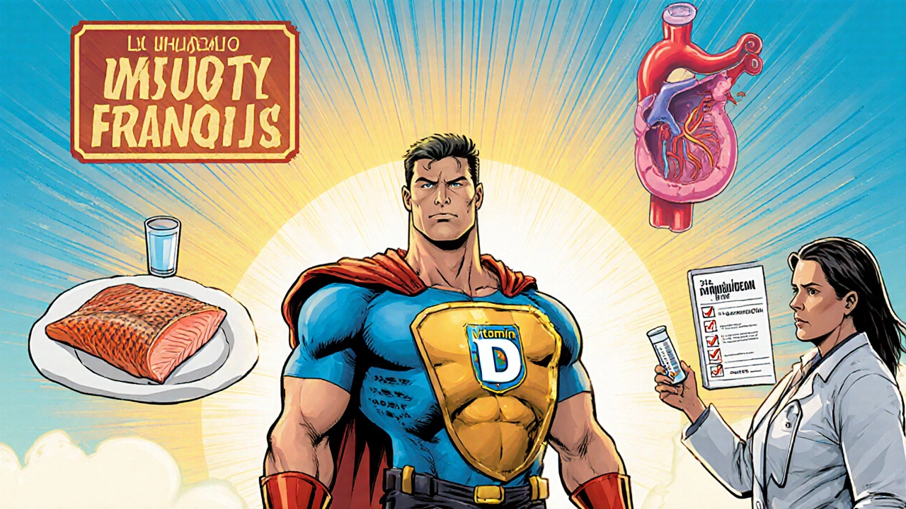 Adult with Vitamin D shield surrounded by sun, food, and supplement icons.