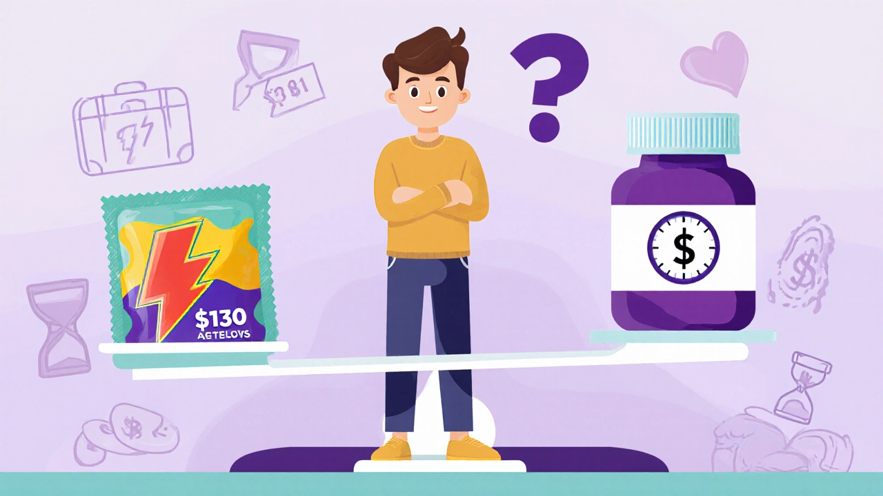 Cartoon of a person weighing jelly versus tablet options with price and duration icons.
