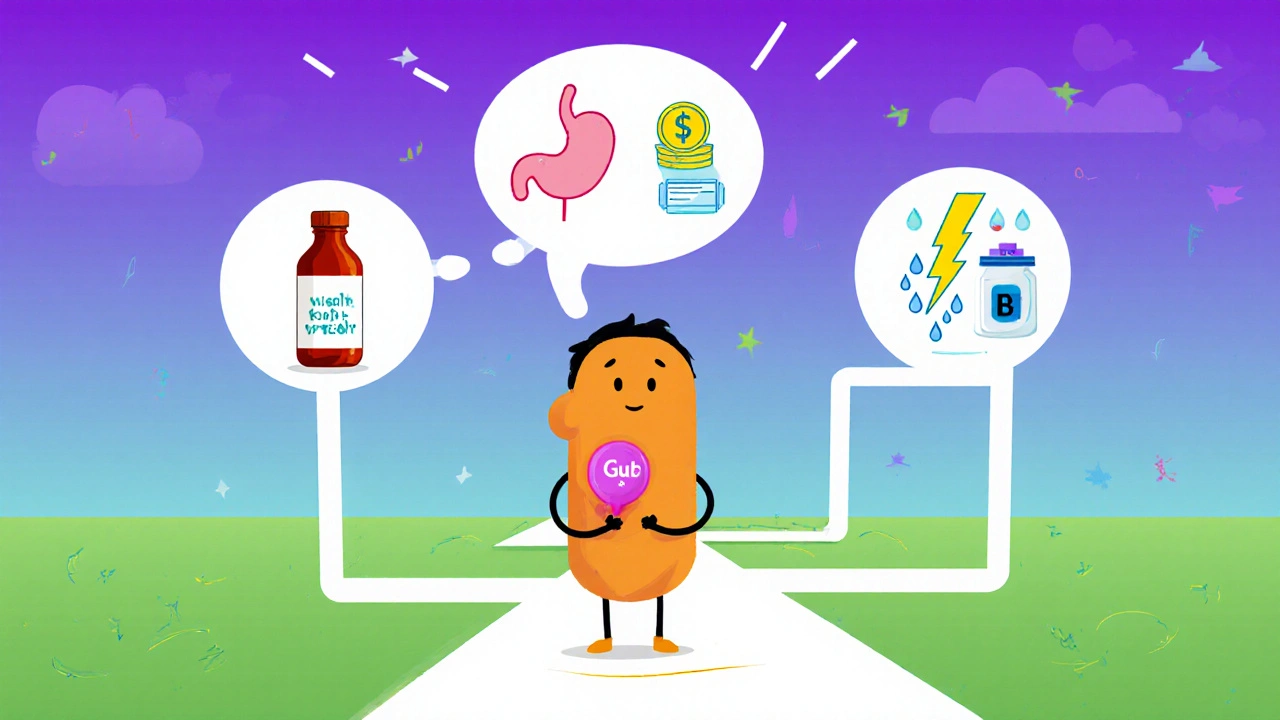 Character with thought bubbles choosing between gut‑friendly, cost, and energy options.