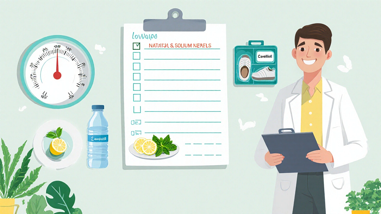 Checklist wall showing weight log, low‑sodium foods, walking shoes, and doctor figure.