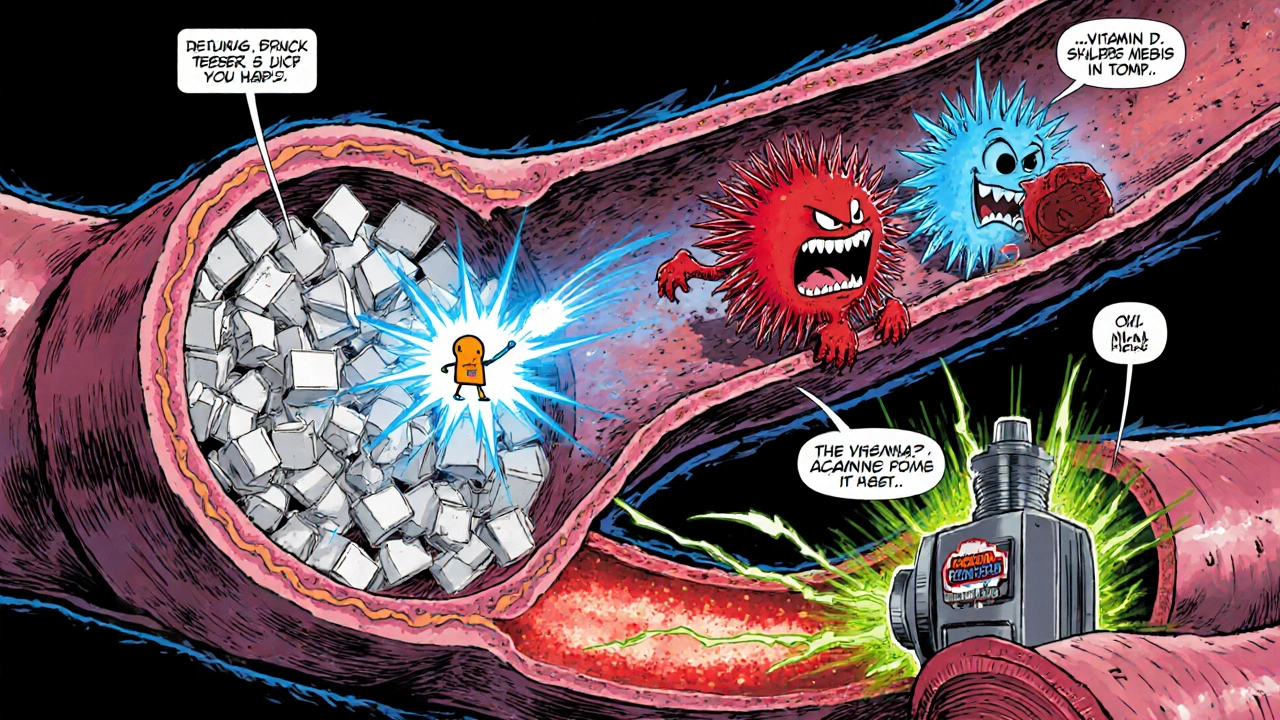 Comic panel showing Vitamin D fighting calcium buildup, inflammation, and pressure.