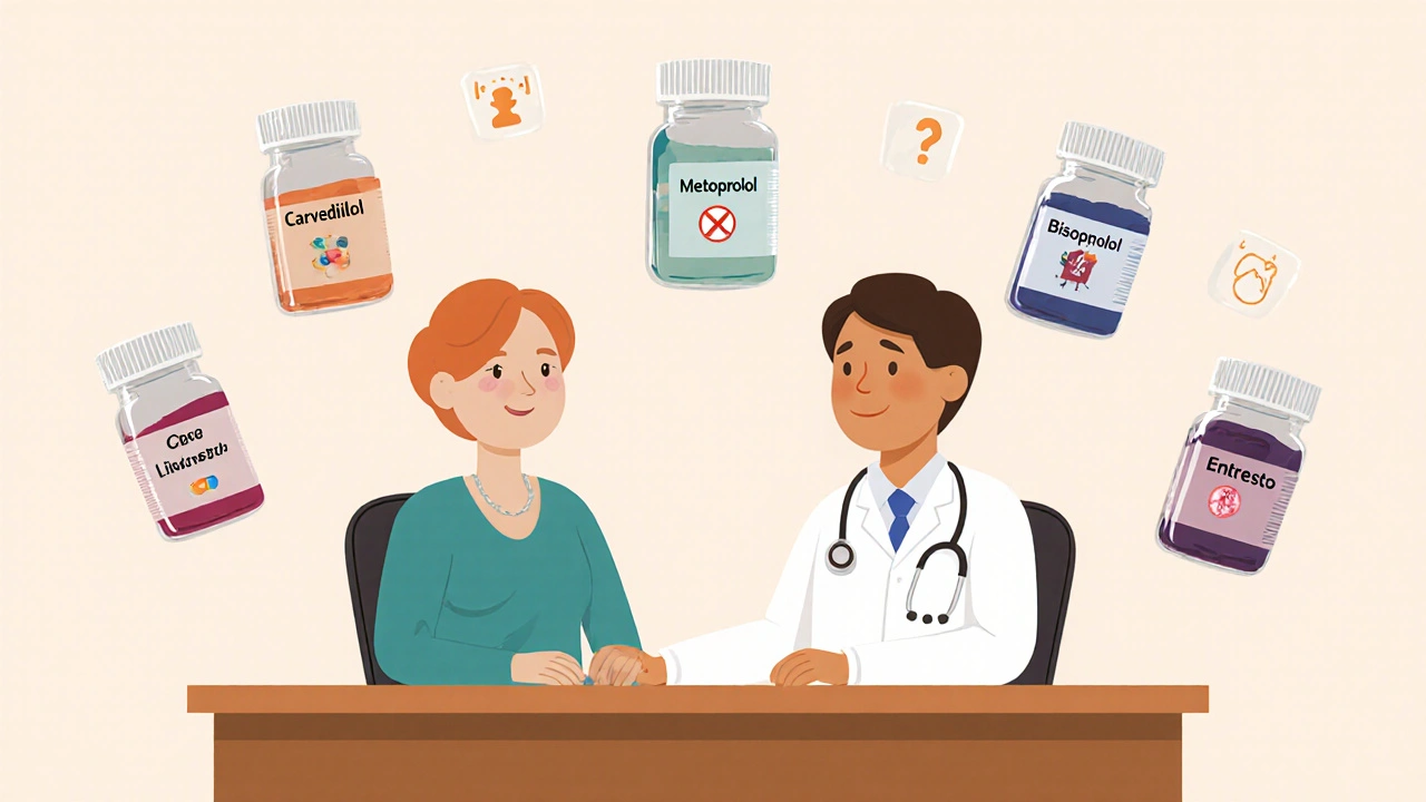 Doctor and patient discussing heart medication options with floating pill bottles and side effect icons.