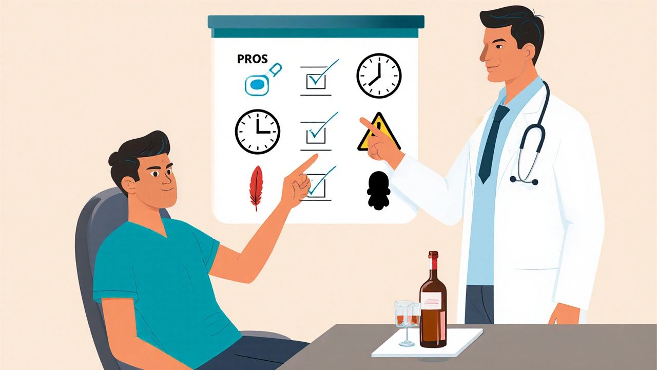 Doctor and patient reviewing a checklist of pros and cons for Super Cialis with illustrative icons.
