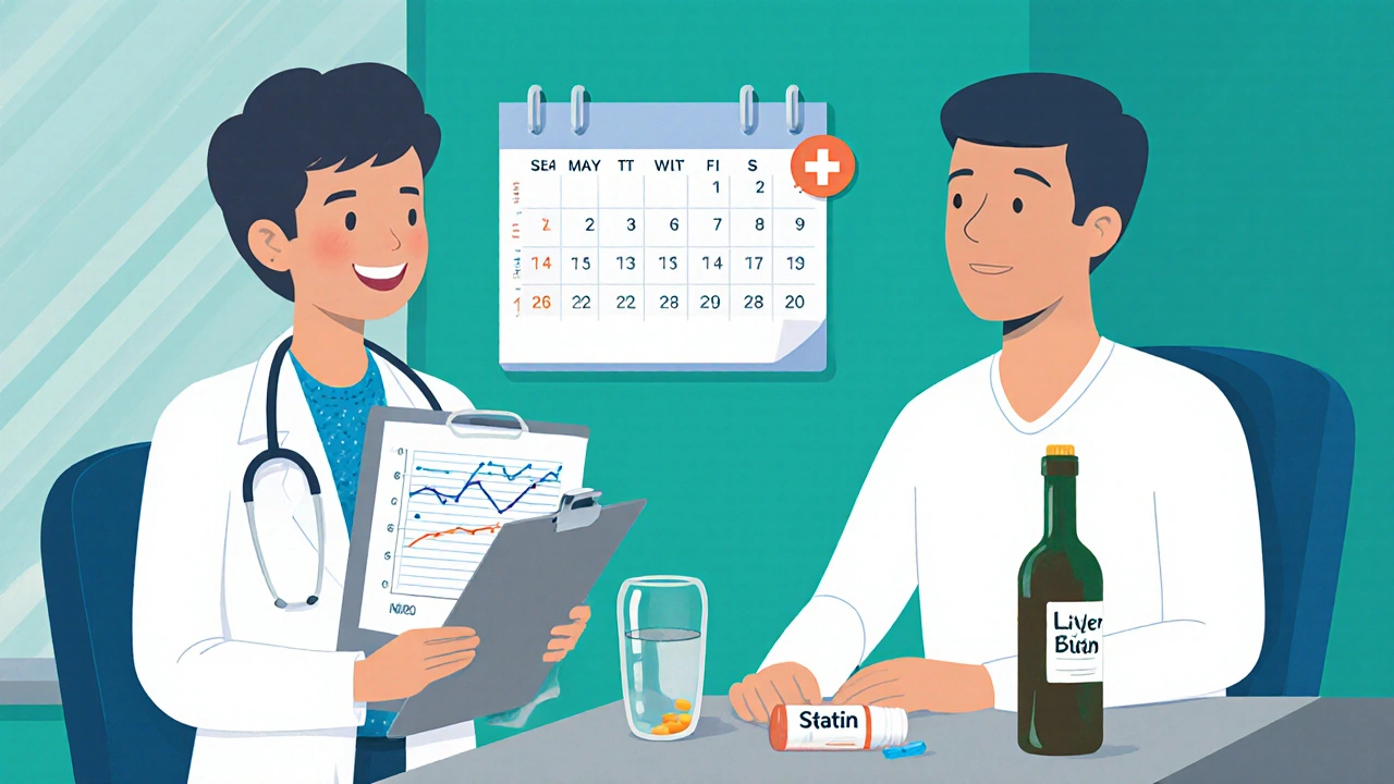 Doctor consulting patient about monitoring labs, with statin bottle and water glass.