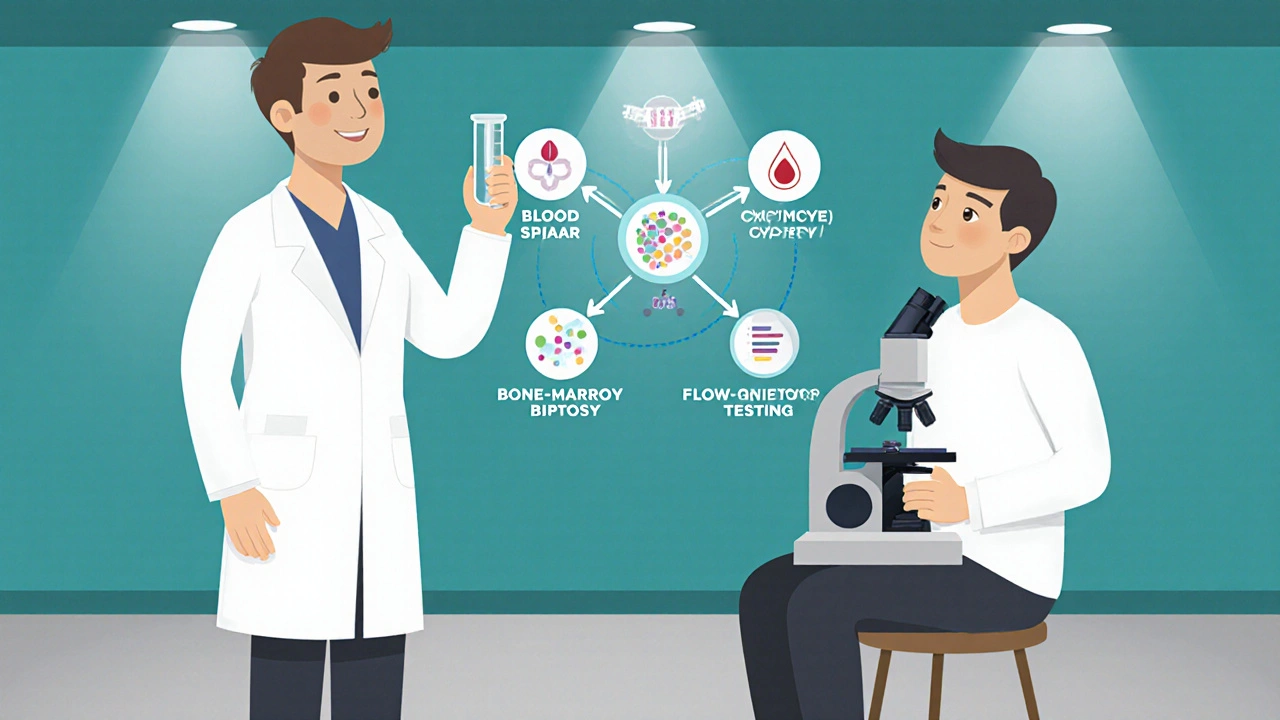 Doctor explaining leukemia diagnostic steps with test tube and microscope in clinic.