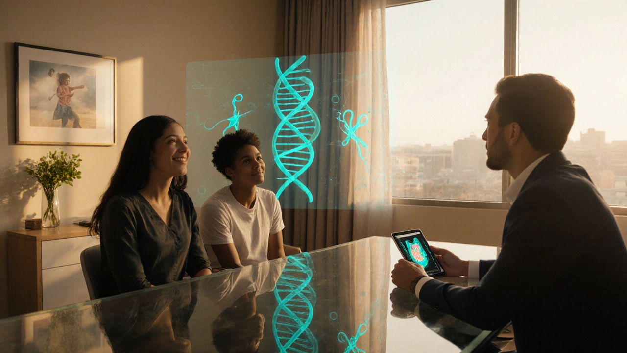 Family meets counselor; holographic DNA helix with CRISPR icons glows.
