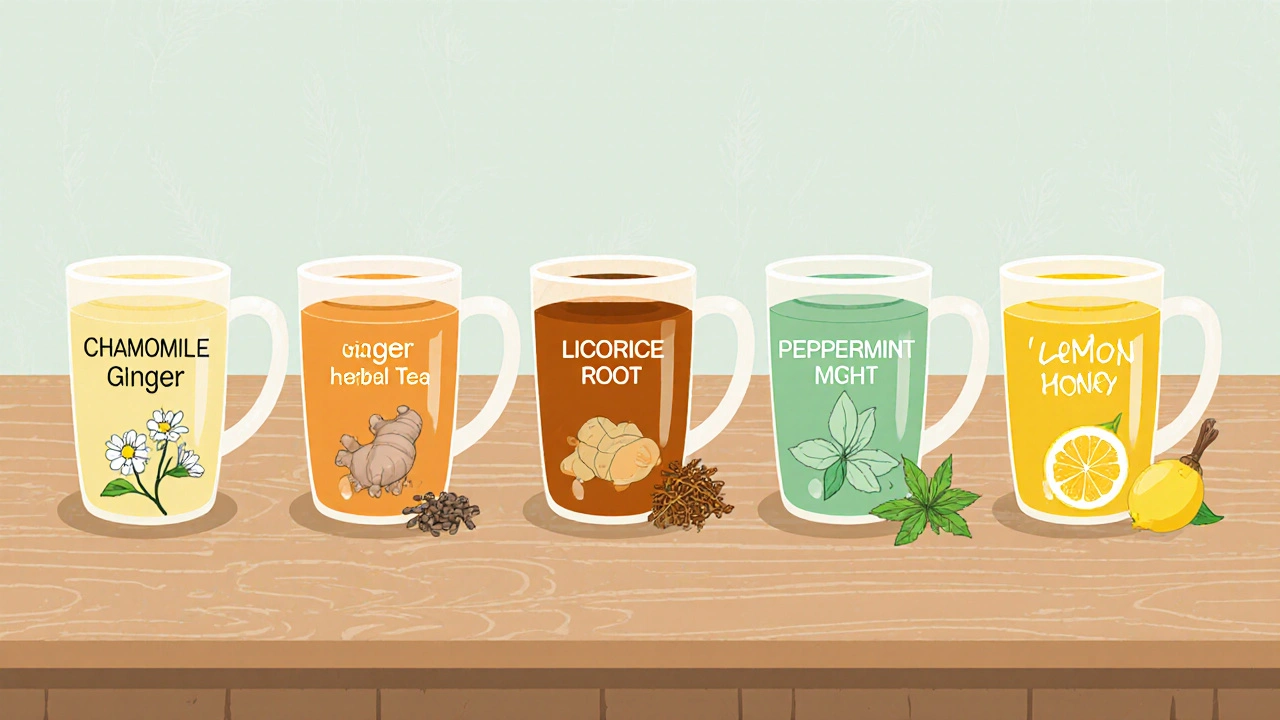 Five mugs of different herbal teas with herb illustrations on a kitchen counter.