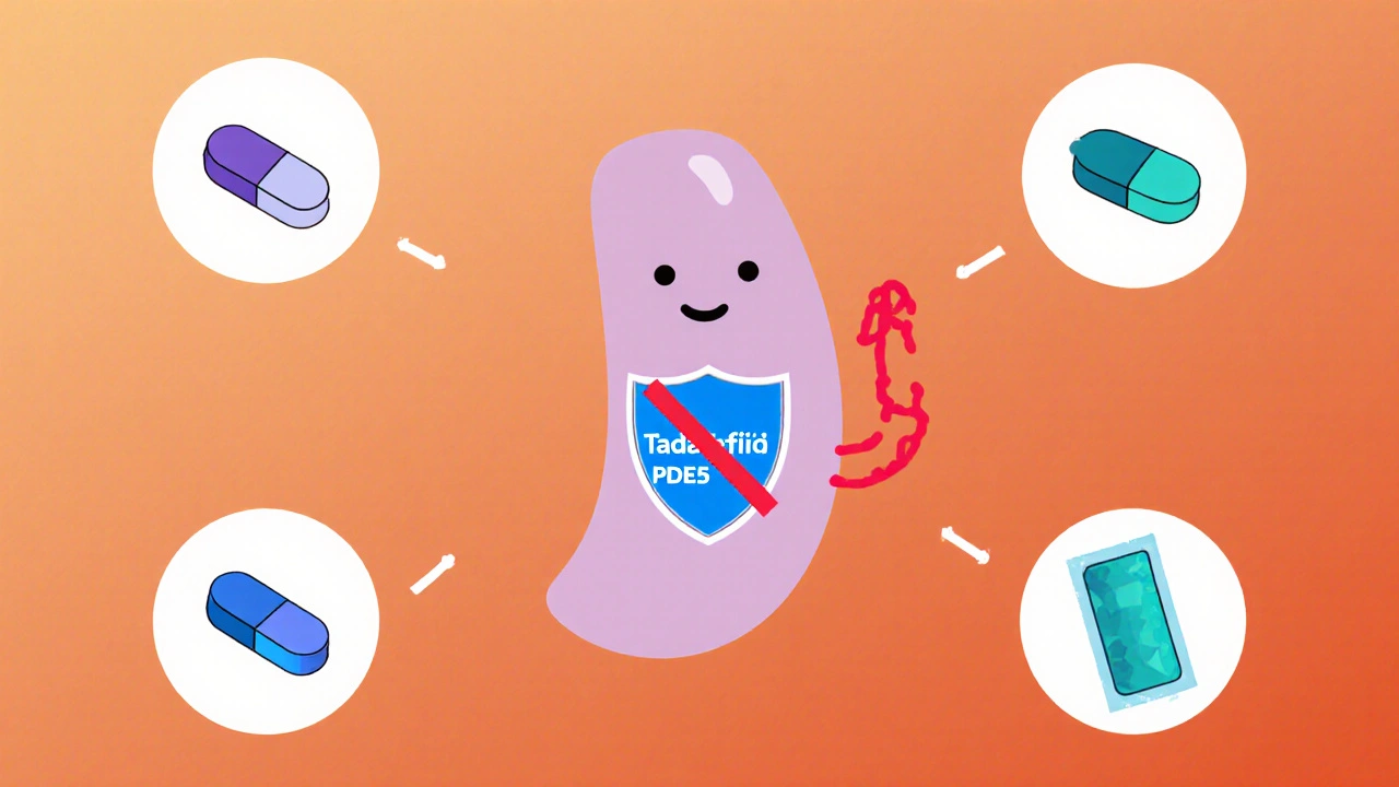 Flat cartoon of tadalafil increasing blood flow and icons for other ED meds.