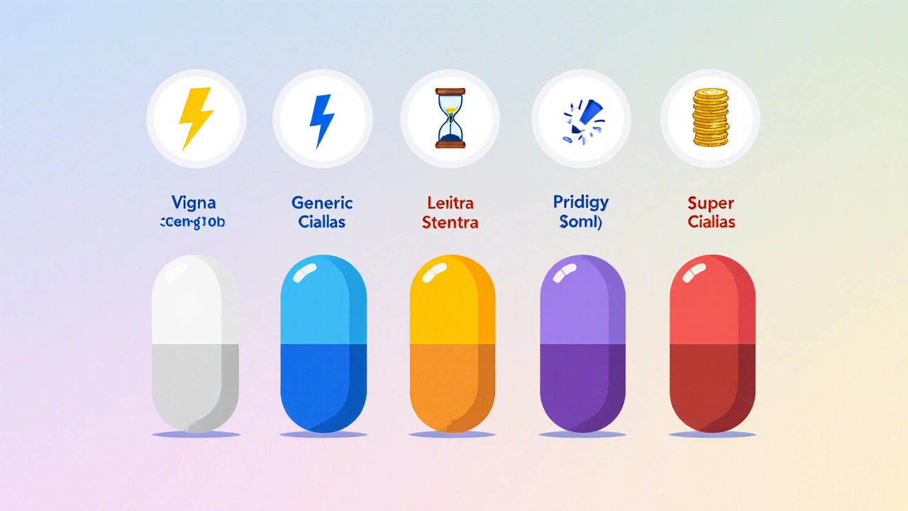 Grid of six ED/PE pills each paired with icons for speed, duration, and cost in flat illustration.