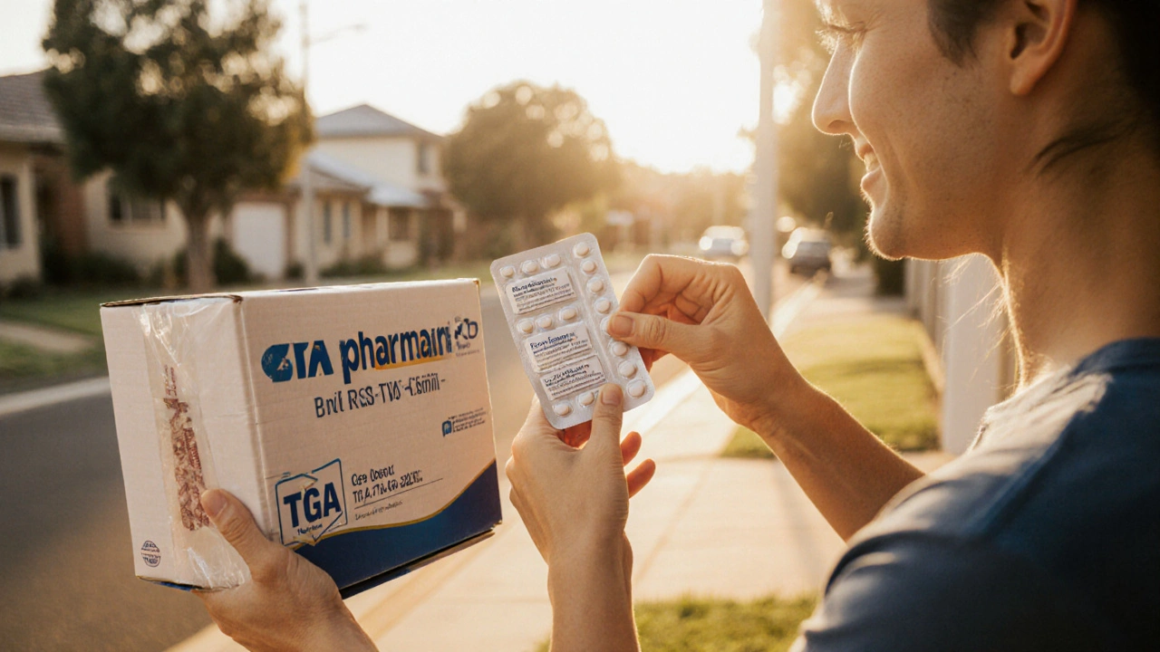 Happy person receiving a delivery box with generic Wellbutrin pills at their doorstep.