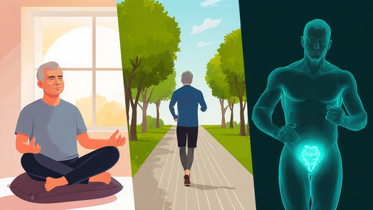 Illustrated sequence of meditation, walking in a park, and core muscle exercise.