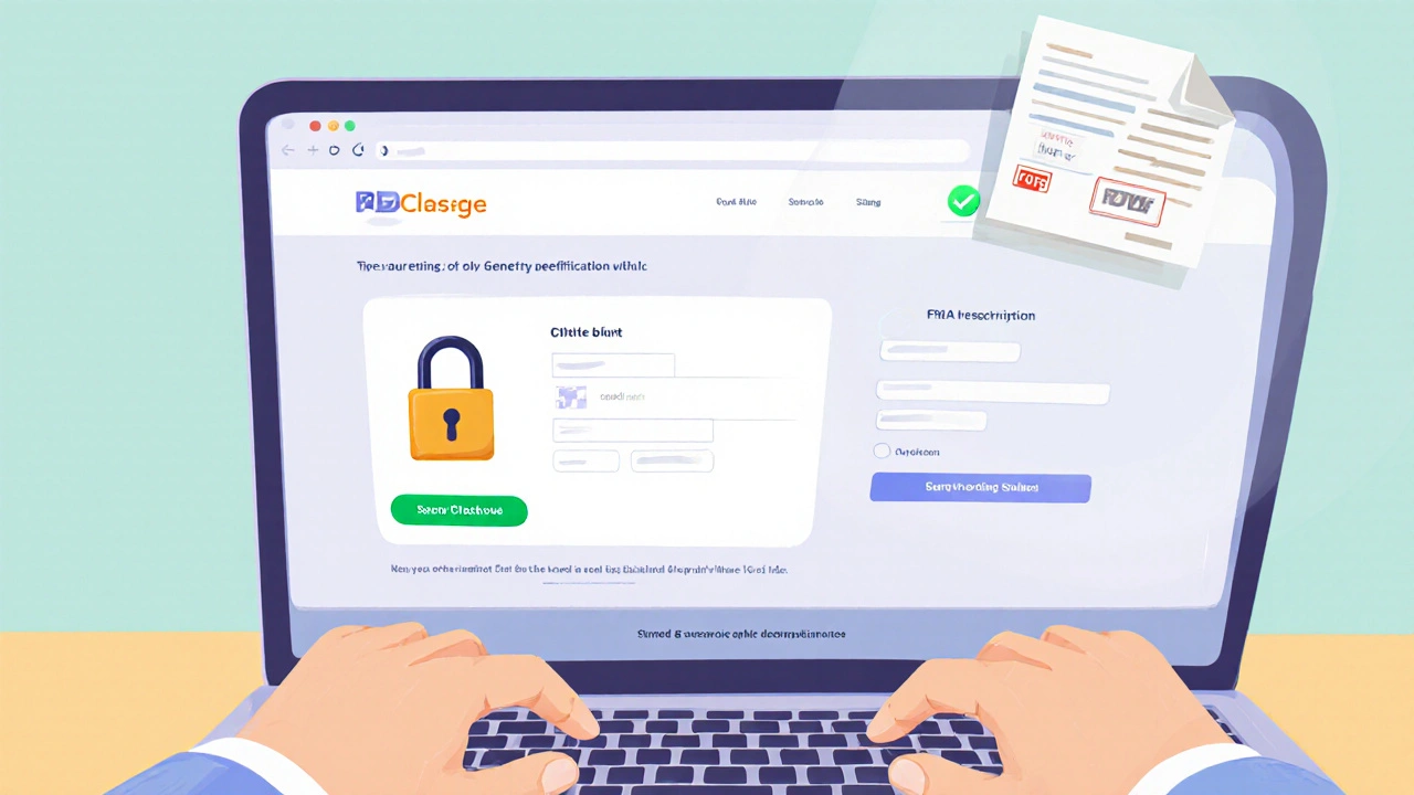 Illustration of a laptop checkout screen with a padlock icon and prescription upload button.