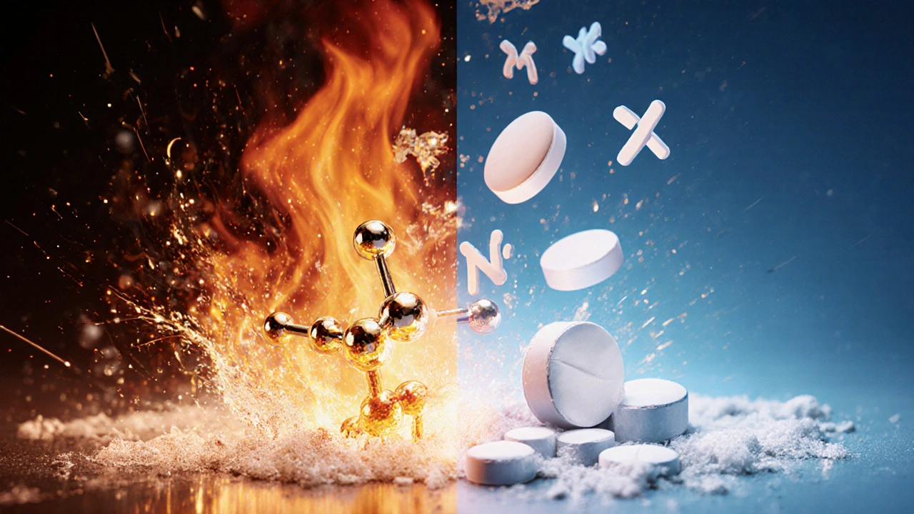 Illustration of fire representing inflammation being cooled by boswellic acid, contrasted with NSAID pills.