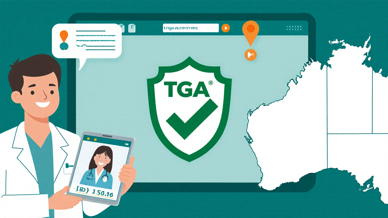 Illustration of TGA licence checkmark, pharmacist, and Australian address icons.