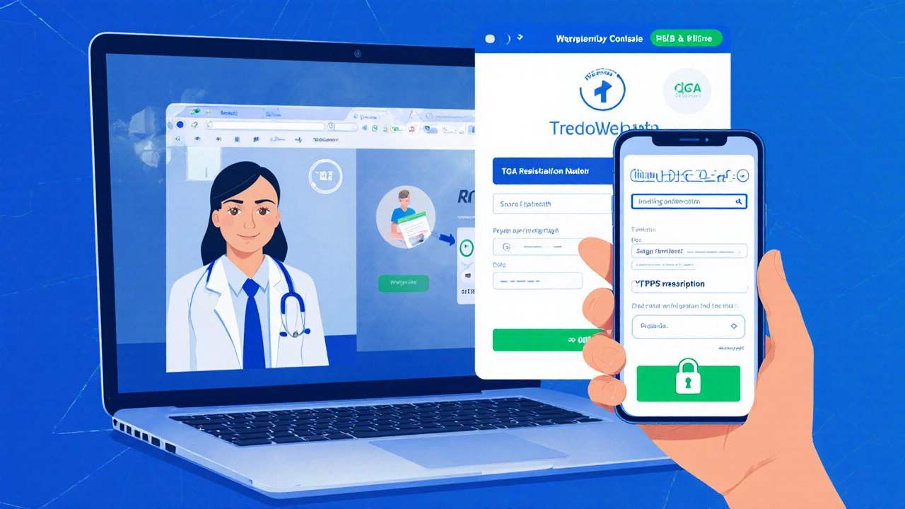 Laptop showing telehealth video, pharmacy website with TGA number, and secure checkout screen.