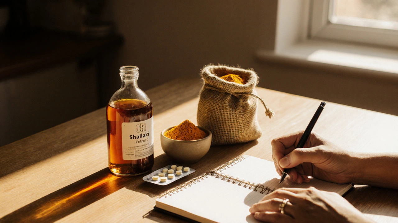 Morning kitchen scene with supplement bottles, ginger, turmeric, ibuprofen and a journal.