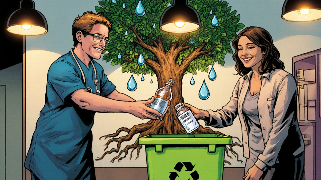 Patient returns used Besifloxacin bottle to pharmacy recycling bin with eco-friendly mural.