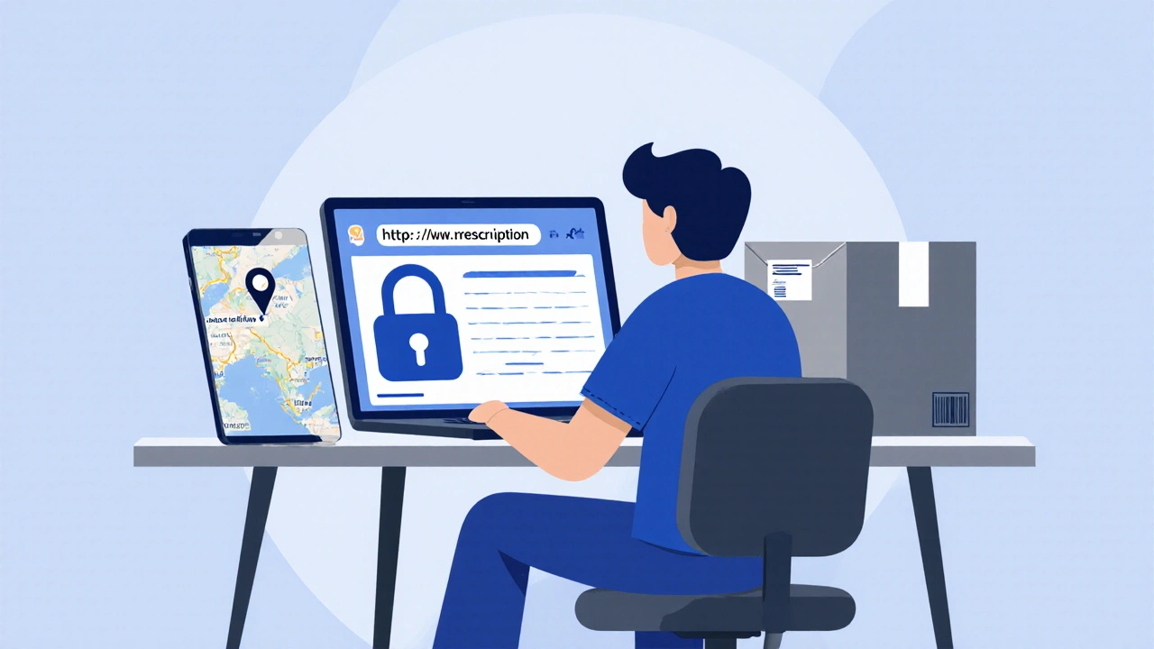 Person at desk uploading a prescription on a laptop with a secure lock icon.