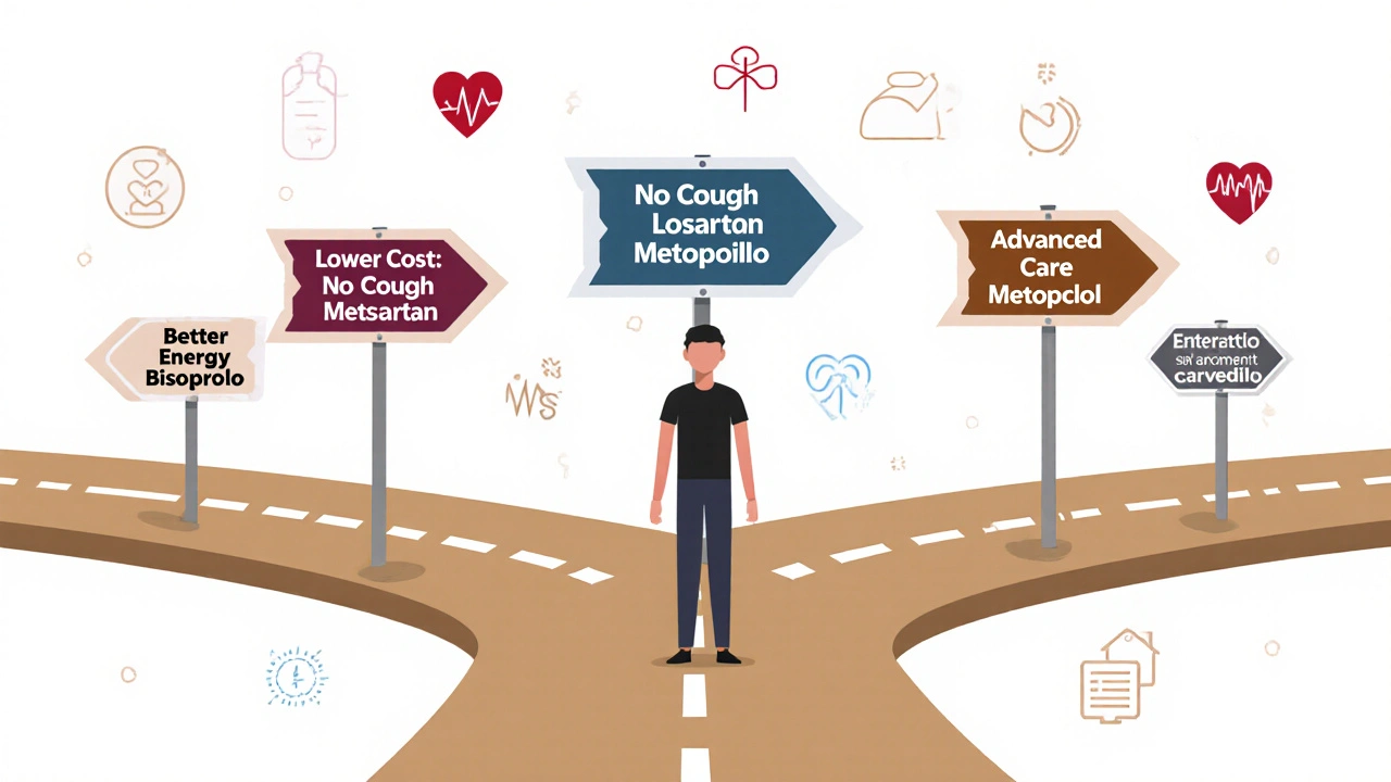 Person choosing a heart health path among five medication alternatives with symbolic signs.