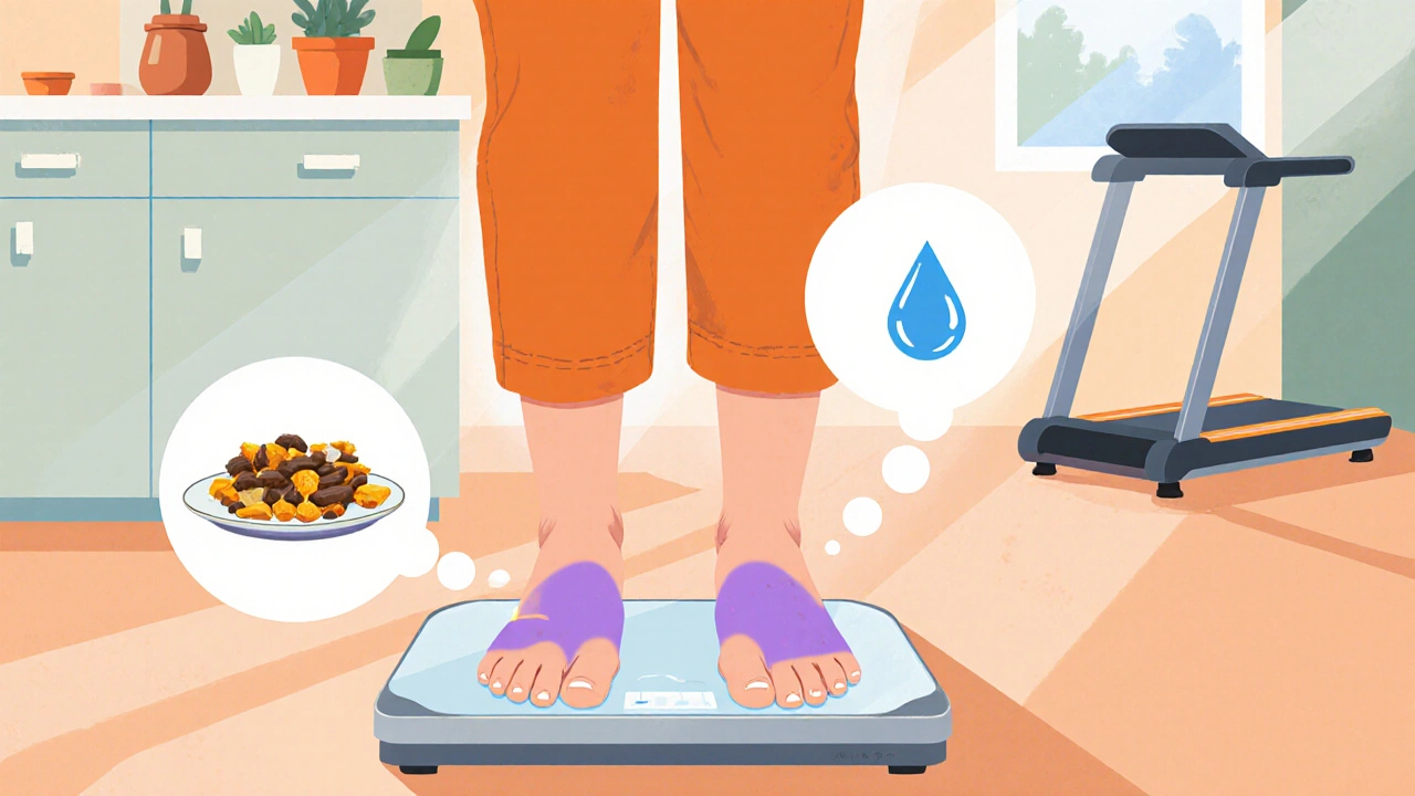 Person on a scale with swollen foot and snack icons indicating fluid retention and appetite.