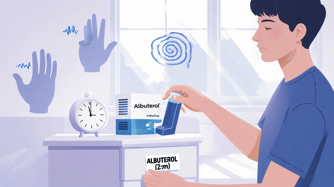 Person storing an Albuterol inhaler in a kitchen drawer with sunlight and subtle side‑effect icons.