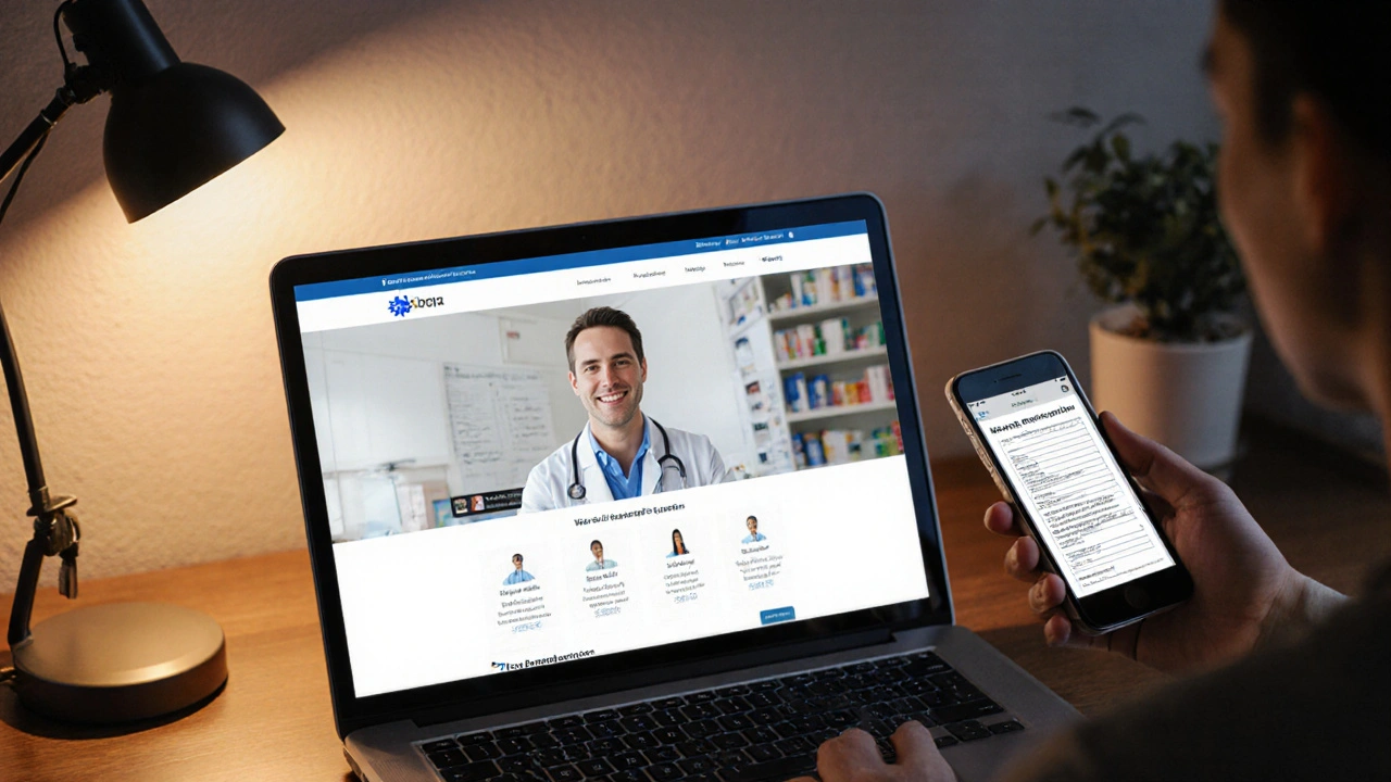 Person using laptop and phone to upload a prescription for online pharmacy.