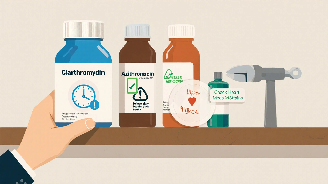 Pharmacy shelf comparison of pneumonia antibiotics with icons showing dosing and drug interaction warnings.
