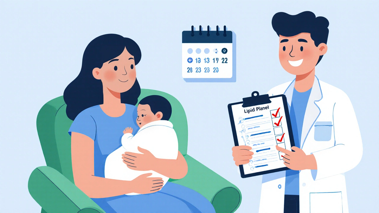Postpartum mother with baby, doctor reviewing a lipid test, showing follow‑up care.