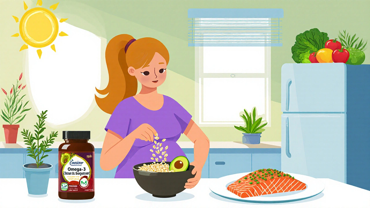 Pregnant woman preparing a heart‑healthy meal with oats, avocado, salmon, and supplements.