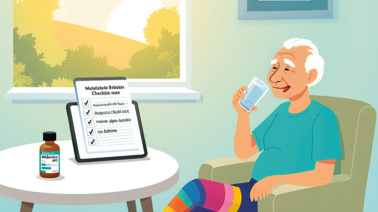 Senior drinking water, wearing compression stockings, reviewing meds, with a midodrine bottle nearby.