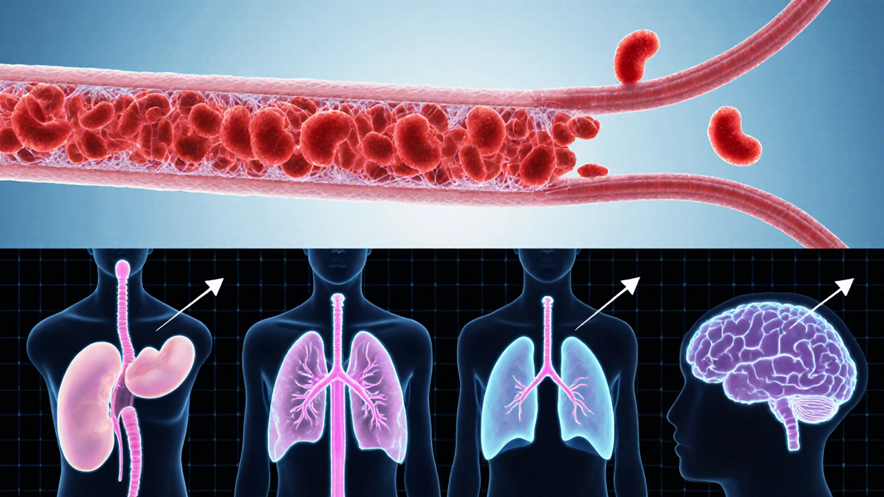 Sickle‑shaped red cells block a tiny vessel, with organ silhouettes behind.