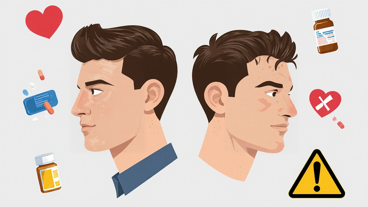 Side-by-side comparison of hair loss progression with and without finasteride.