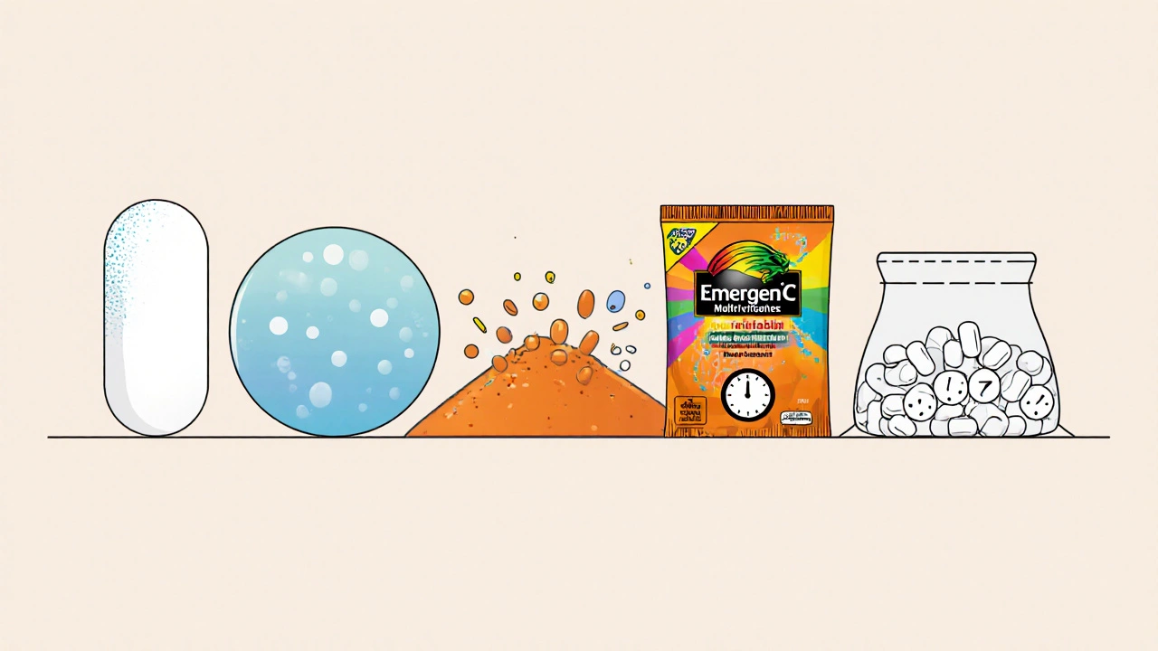Six different vitamin C supplement forms displayed side by side in flat cartoon style.