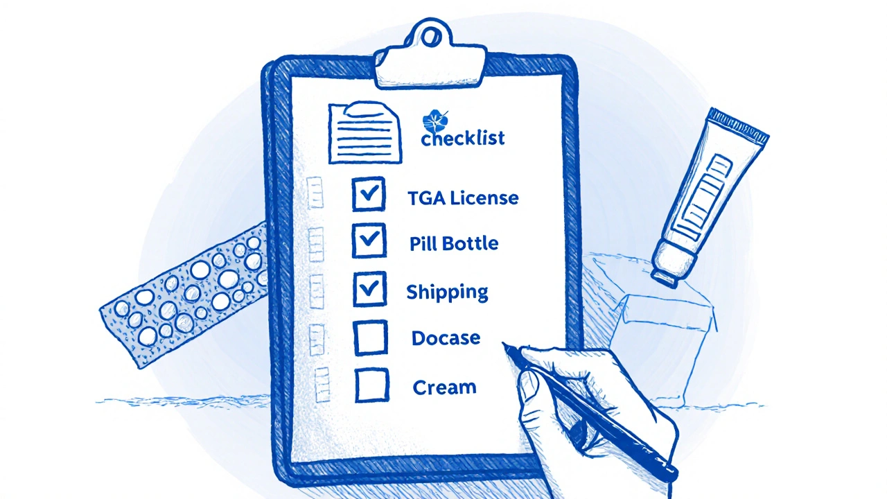 Sketch of a checklist with ticks for prescription, licence, medication, shipping, dosage.
