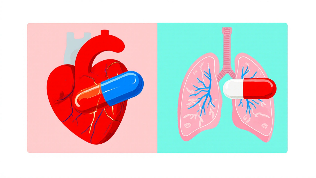 Split illustration showing Metoprolol blocking heart receptors and Propranolol affecting lungs.