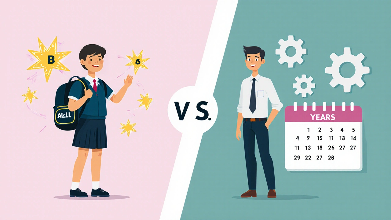 Split scene comparing childhood ALL with adult CML using simple icons.