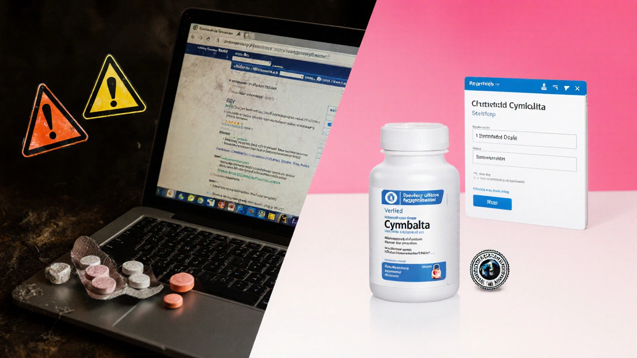 Split scene contrasting a shady website with counterfeit pills and a legitimate pharmacy page.