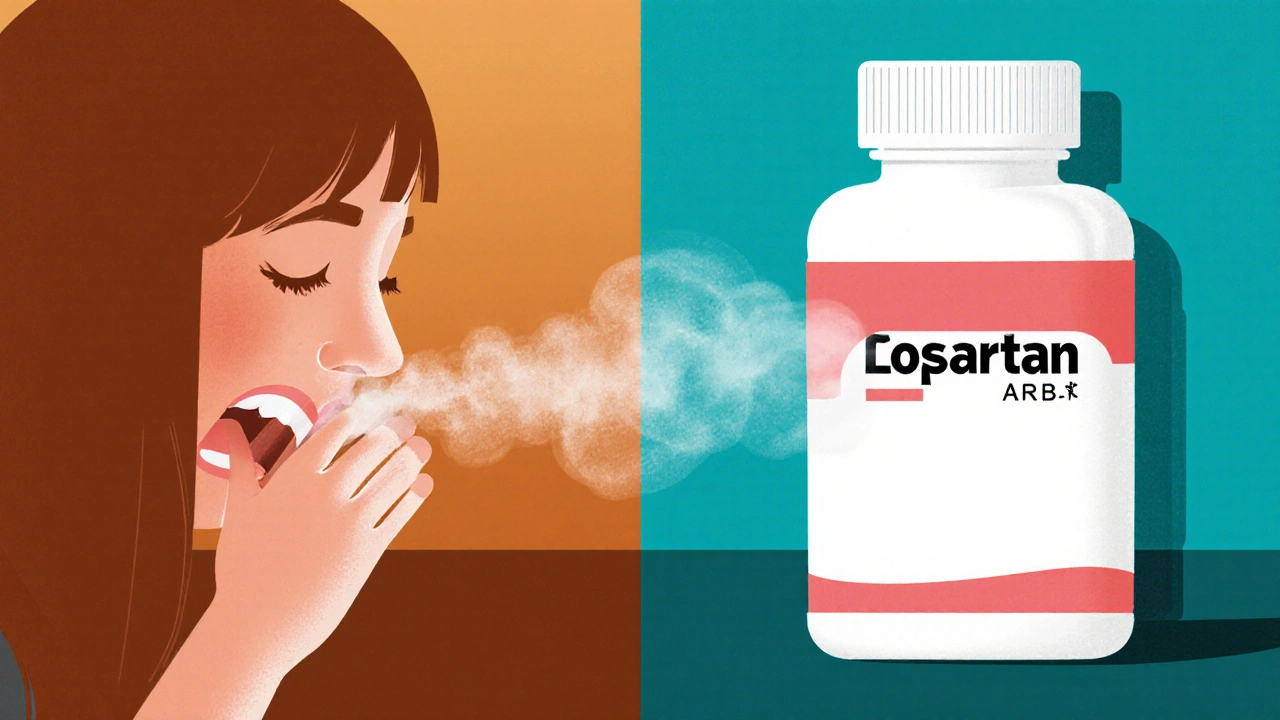 Split view showing cough effect with Capoten versus clear airway with Losartan.