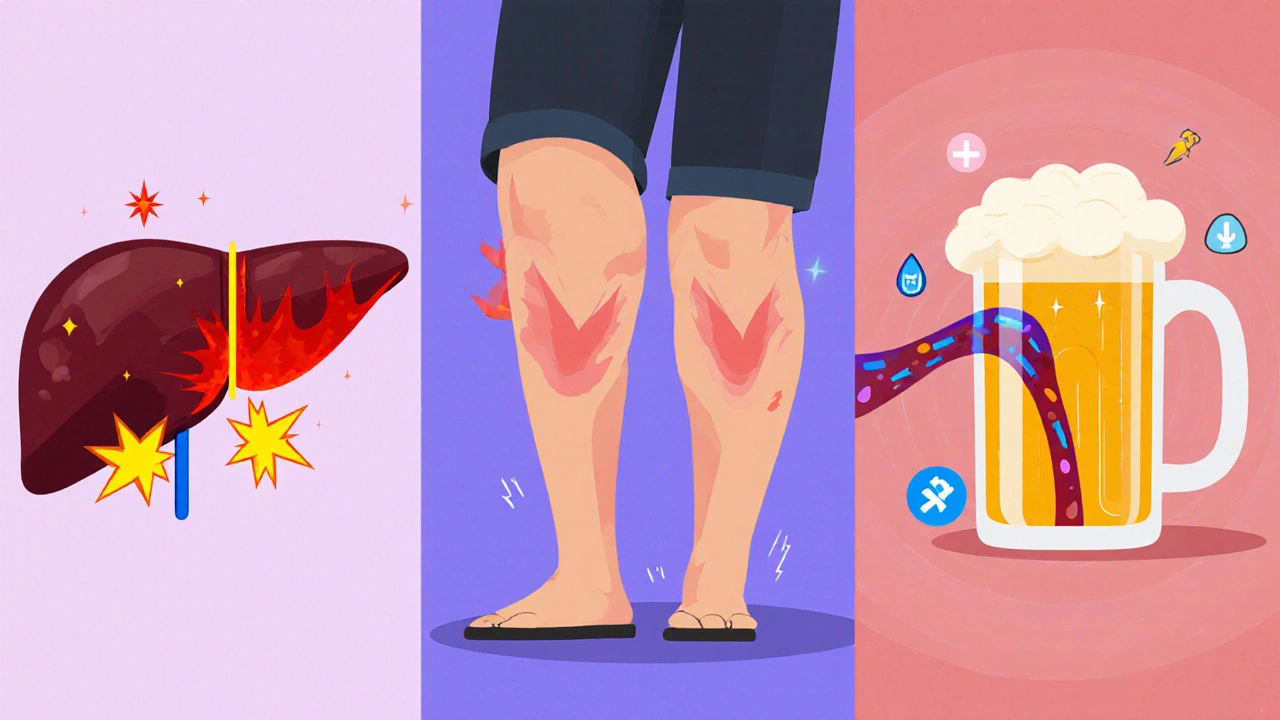 Three panels showing stressed liver, sore muscle, and blood sugar bleeding risks.