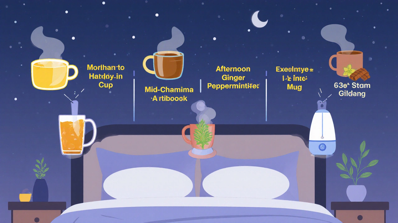 Timeline of a 3‑day throat‑care routine with tea mugs and steam inhalation icons.