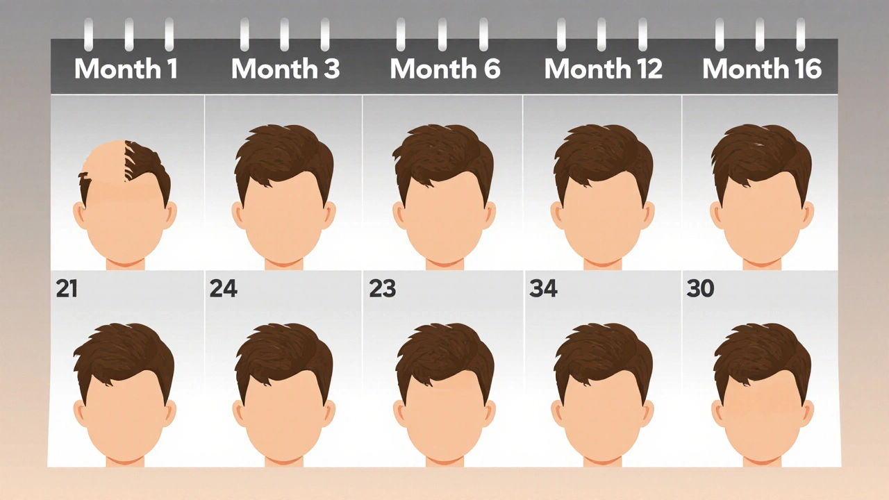Timeline showing scalp improvement over 12 months with finasteride use.