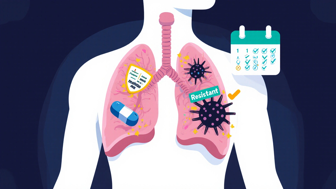 Transparent human chest with clarithromycin pills fighting bacteria, showing resistance and recovery in a stylized medical illustration.