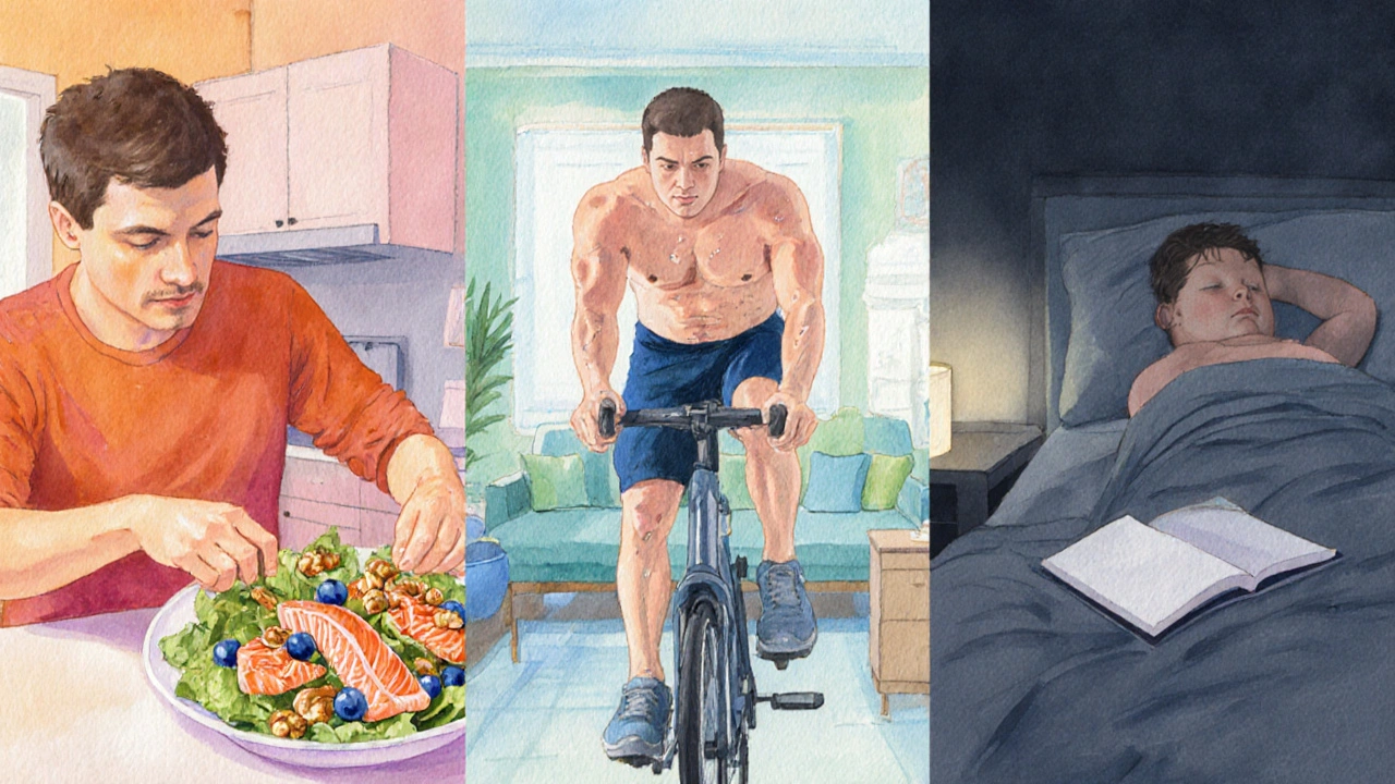 Watercolor of man cooking salmon salad, cycling, then sleeping peacefully.