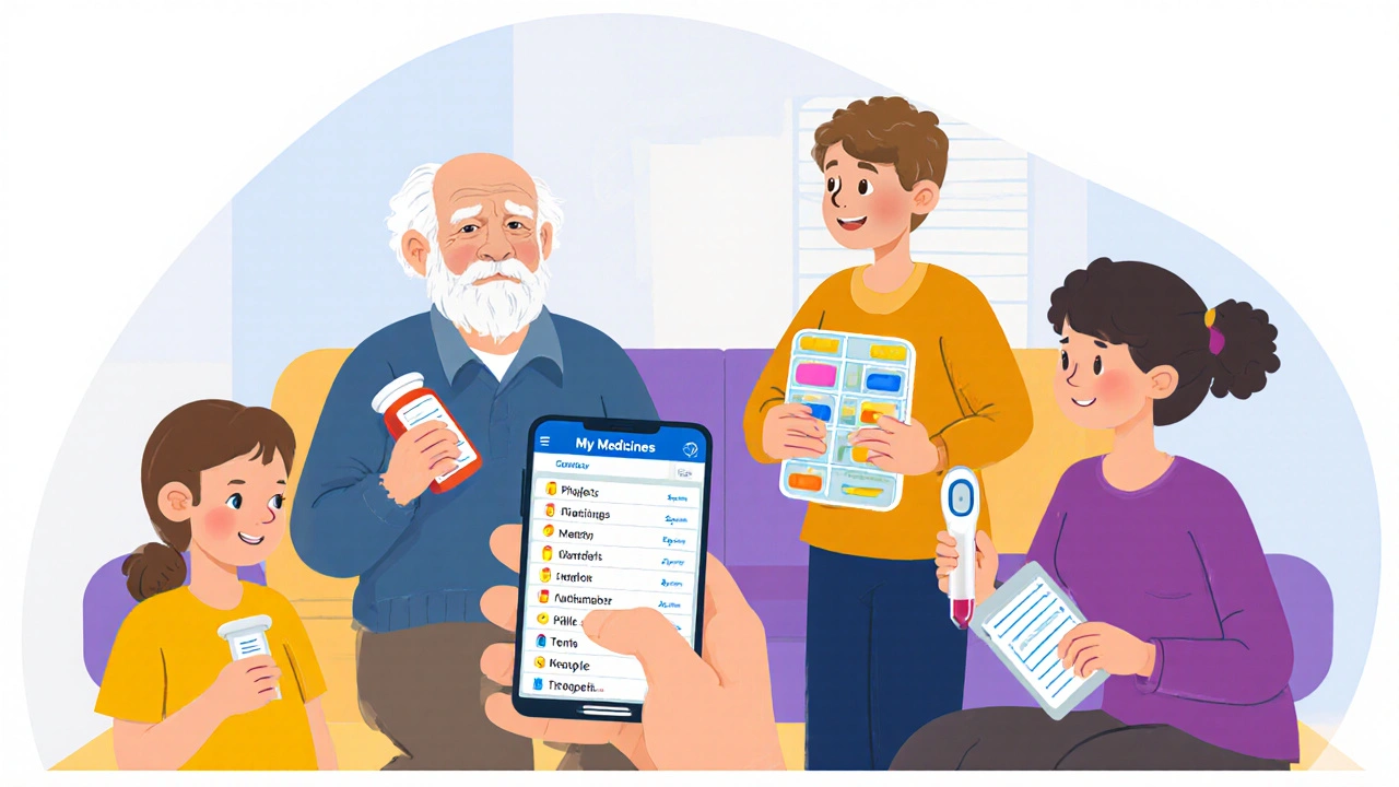 A family and pharmacist reviewing a medication list on a smartphone app together in a living room.