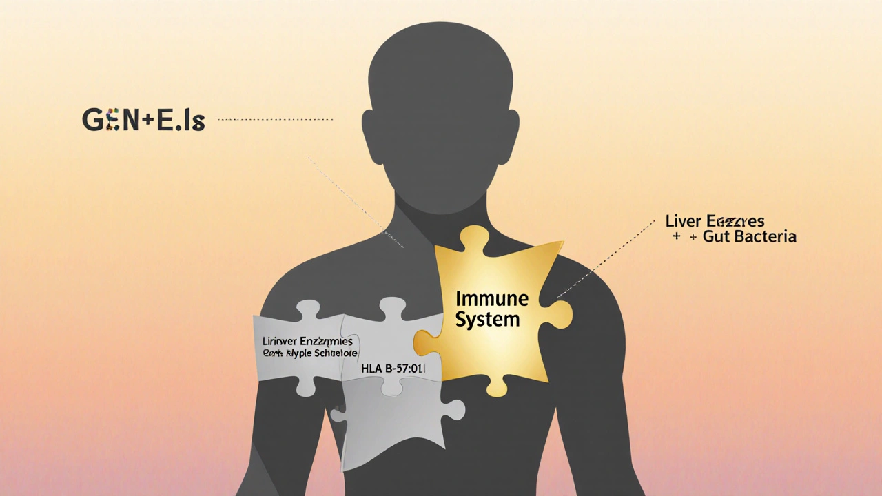 A human-shaped puzzle with missing pieces representing biological factors behind unpredictable drug reactions.
