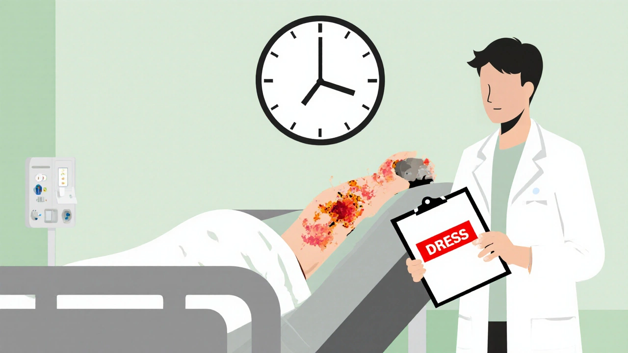 A patient with a severe skin rash in a hospital bed, time clock showing six weeks, doctor holding clipboard.