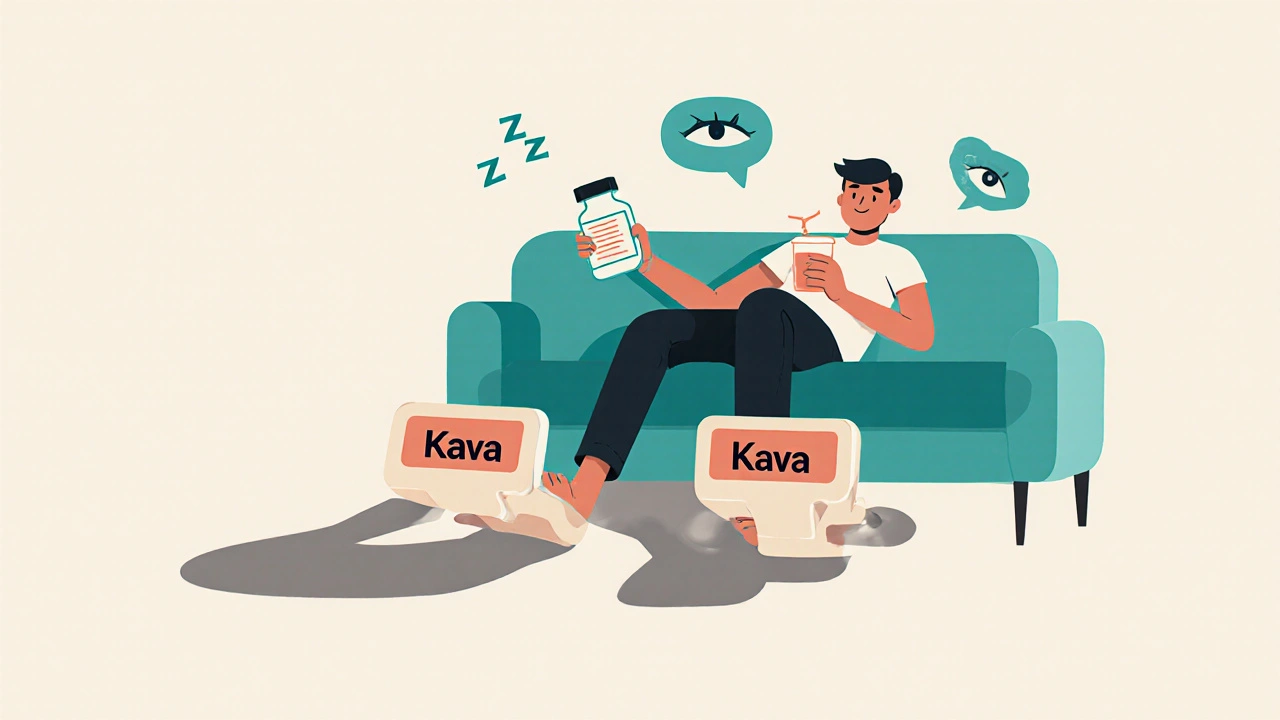 A person slumping under combined effects of kava and sedative medications, shown with brake pedal symbolism.