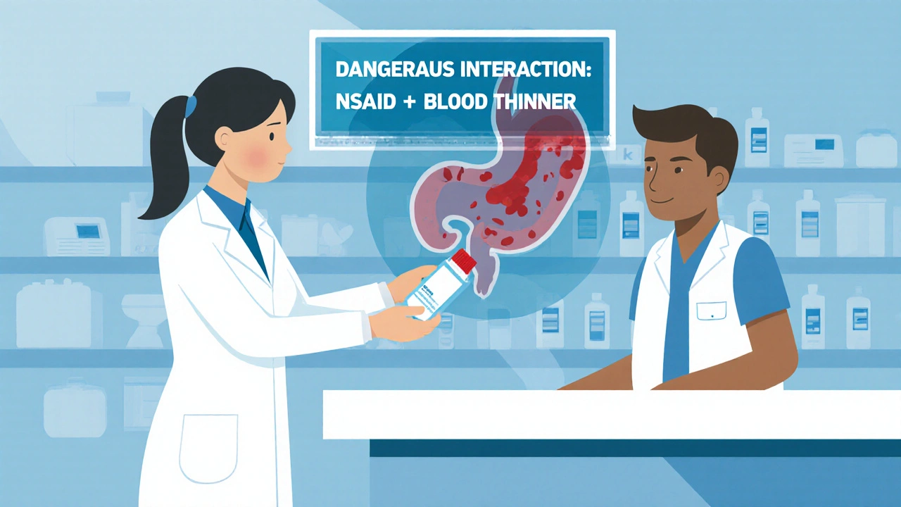 A pharmacy scene with a hidden digital alert warning of dangerous drug interaction between NSAIDs and blood thinners.