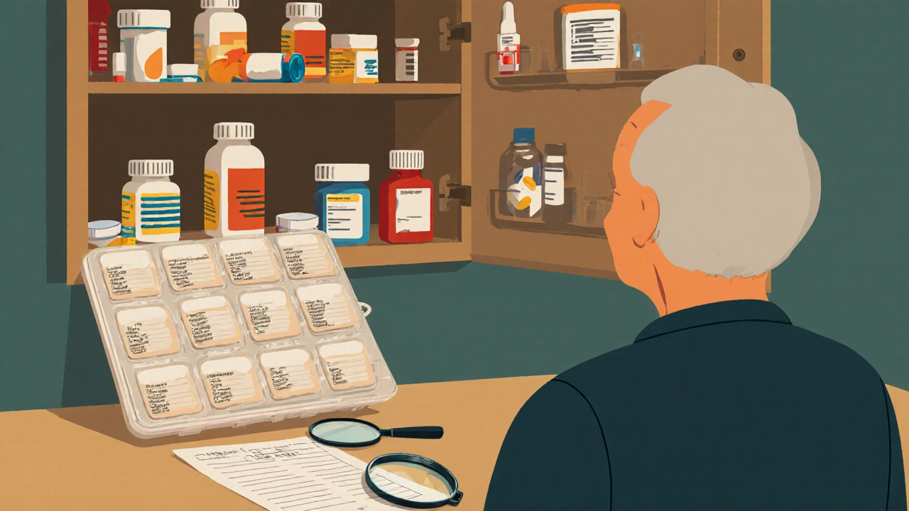 An elderly person organizing medications in a labeled pill organizer beside expired pills in a cabinet.