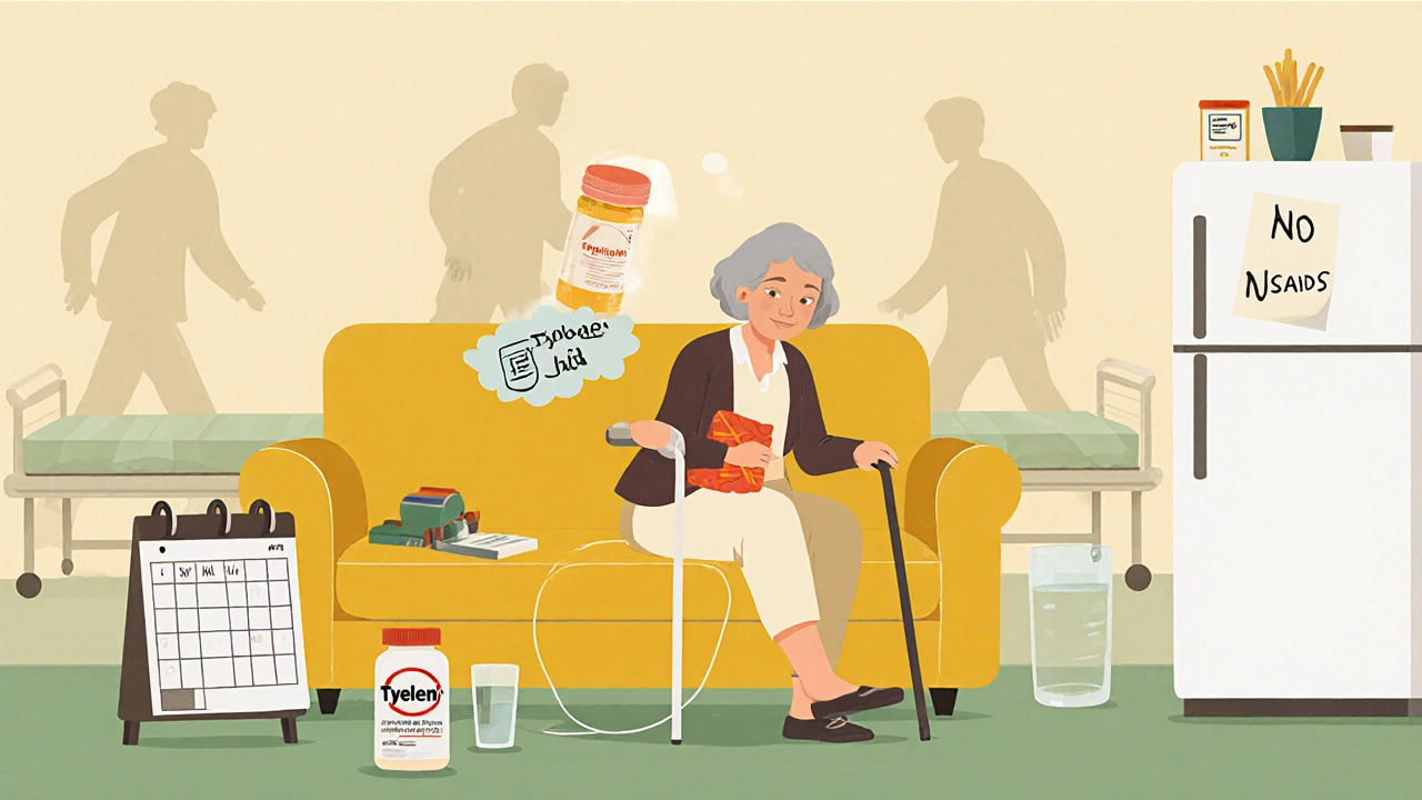 An elderly woman using heat therapy and acetaminophen for pain relief, with faded images of dangerous medications in the background.